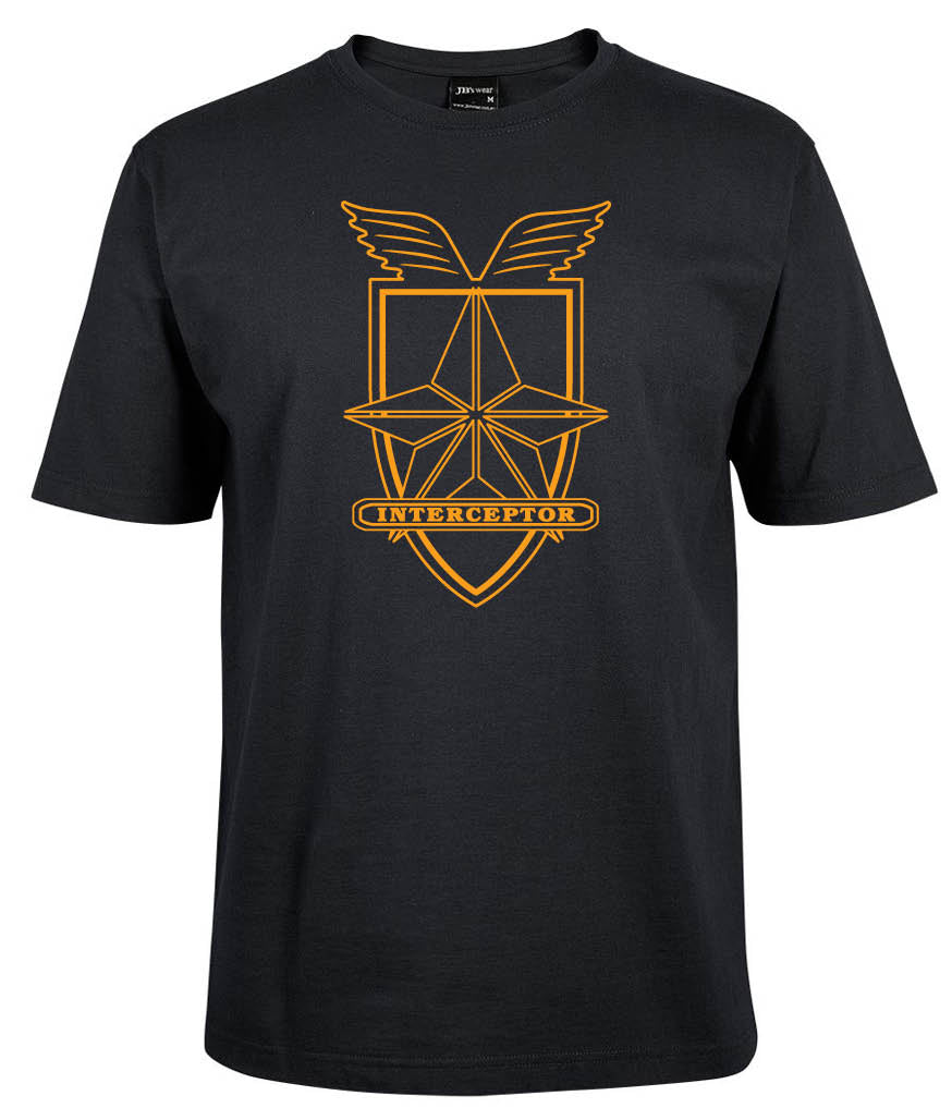 The Mad Max Interceptor Shirt by Corsa Clothing is a black tee with a yellow shield and wing emblem, geometric star, and INTERCEPTOR banner across the center.