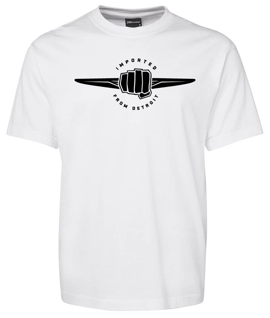 The DETROIT Shirt by Corsa Clothing is a white tee with a graphic of a fist gripping a horizontal bar and "IMPORTED FROM DETROIT" arched above and below the design in black text.