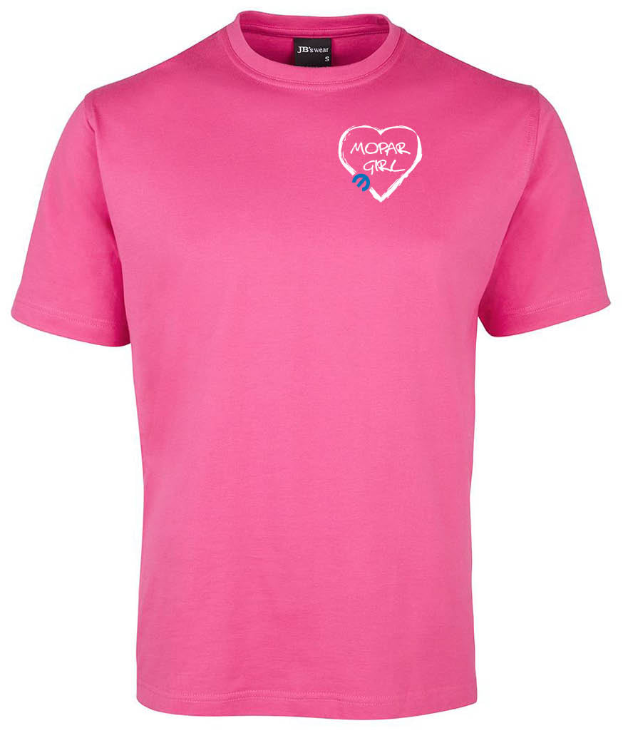 The Corsa Clothing Mopar Girl Shirt is bright pink with a white heart outline and "MOPAR GIRL" text on the left chest, plus a small blue Mopar logo beneath the heart.