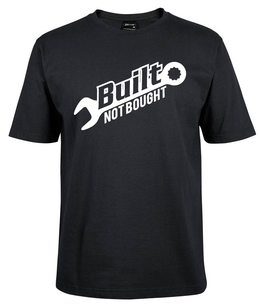 The Built Shirt by Corsa Clothing is a black tee featuring "Built Not Bought" in white, with a wrench graphic forming the letter B in "Built.