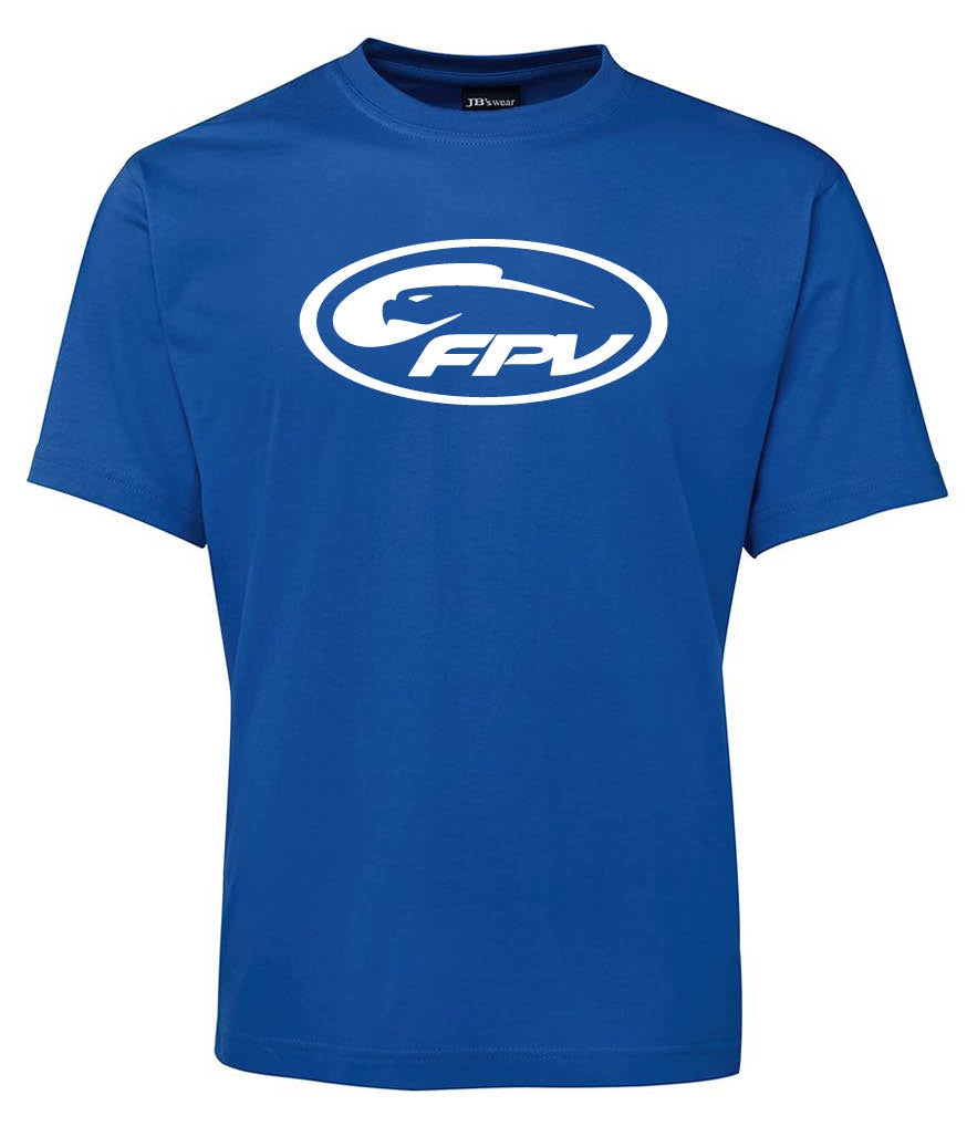 The FPV Logo Shirt by Corsa Clothing is a blue tee with a white oval logo, featuring the letters FPV and a stylized bird head above the text, centered on the chest.