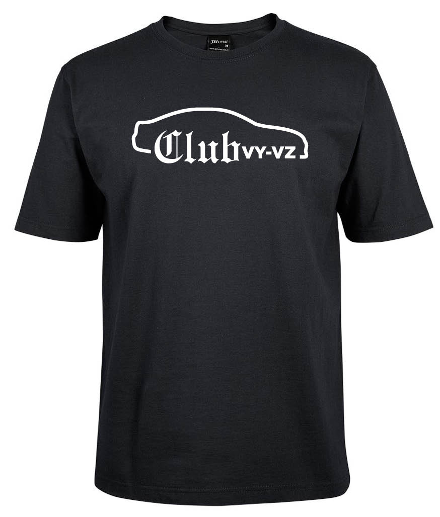 The Club VY VZ Shirt by Corsa Clothing is a black tee with a white car silhouette above "Club" in stylized font and "YY-VZ" printed on the chest.