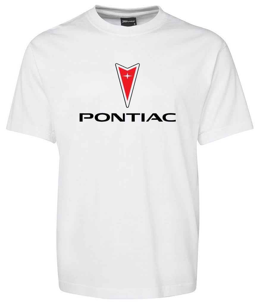 The Pontiac Logo Shirt by Corsa Clothing is a plain white tee with the red and silver Pontiac logo above bold, uppercase black "PONTIAC" text on the front.