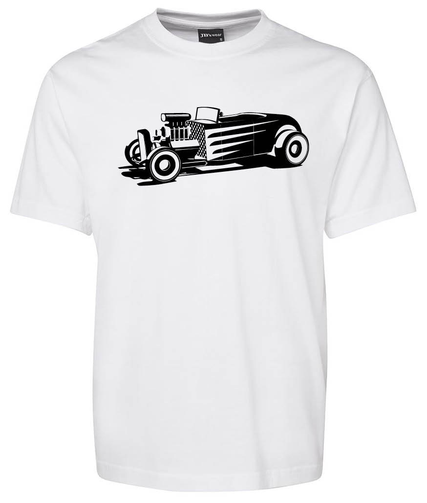 The Classic Old Car Shirt by Corsa Clothing is a white tee featuring a black vintage hot rod car graphic on the front.
