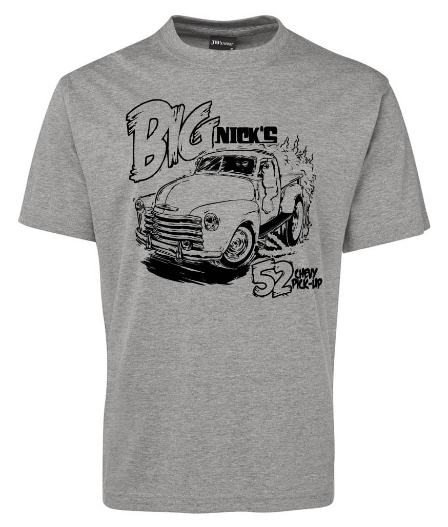 Big Nick's Shirt by Corsa Clothing: Gray tee with a black sketch of a vintage pickup and "Big Nicks 52 Chevy Pick-Up" in bold, stylized letters above and beside the truck.