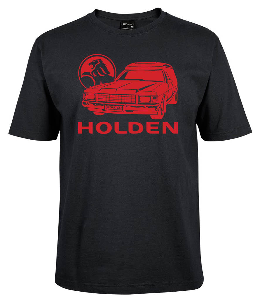 The Holden Red Logo Shirt by Corsa Clothing features a red outline graphic of a classic car, the Holden lion logo, and bold red HOLDEN text on a black T-shirt.