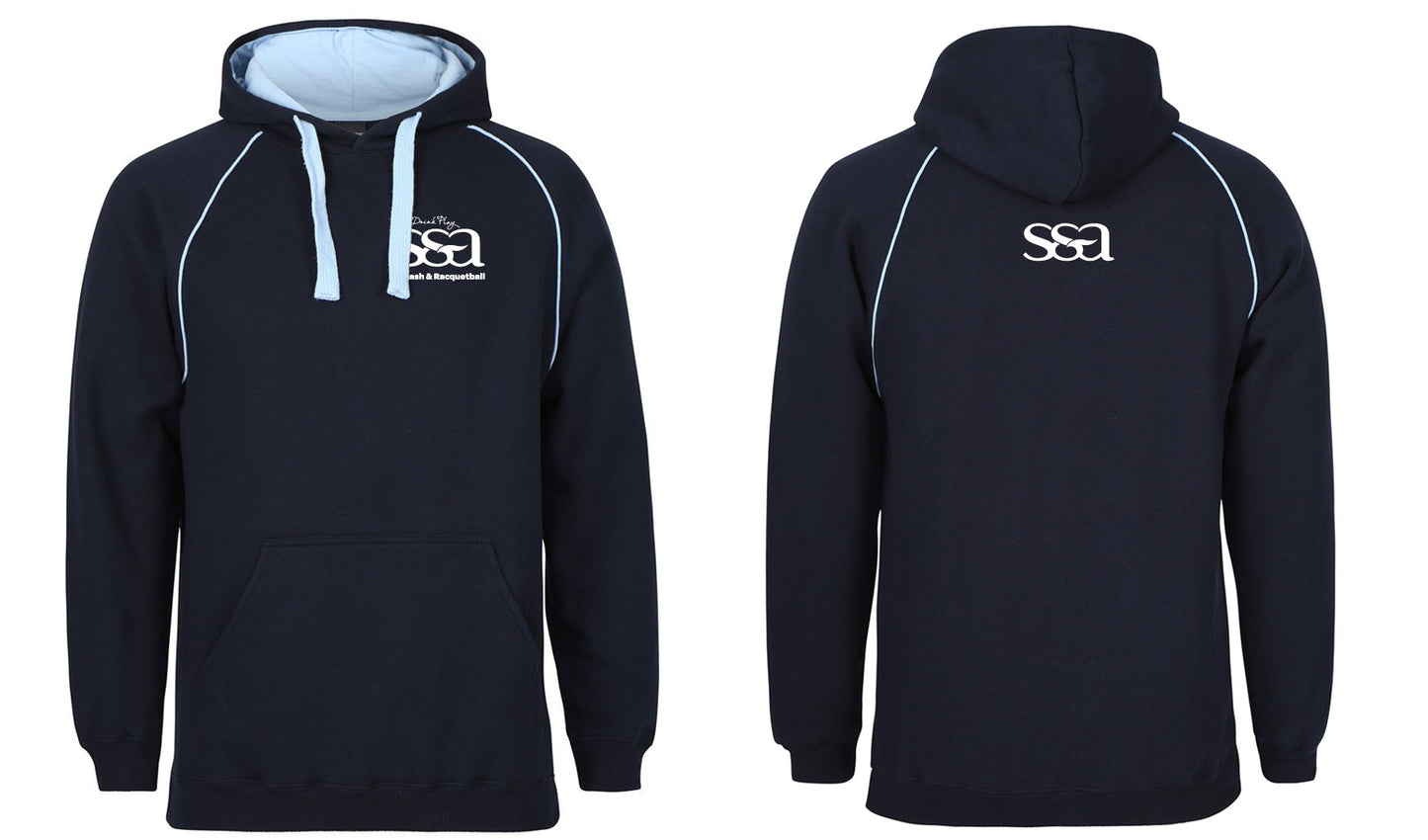 Front and back view of the S & A Logo Hoodie by Corsa Clothing in navy blue with light blue hood lining and drawstrings. Features a white SSA logo and text on the chest, plus a large white SSA logo on the upper back.