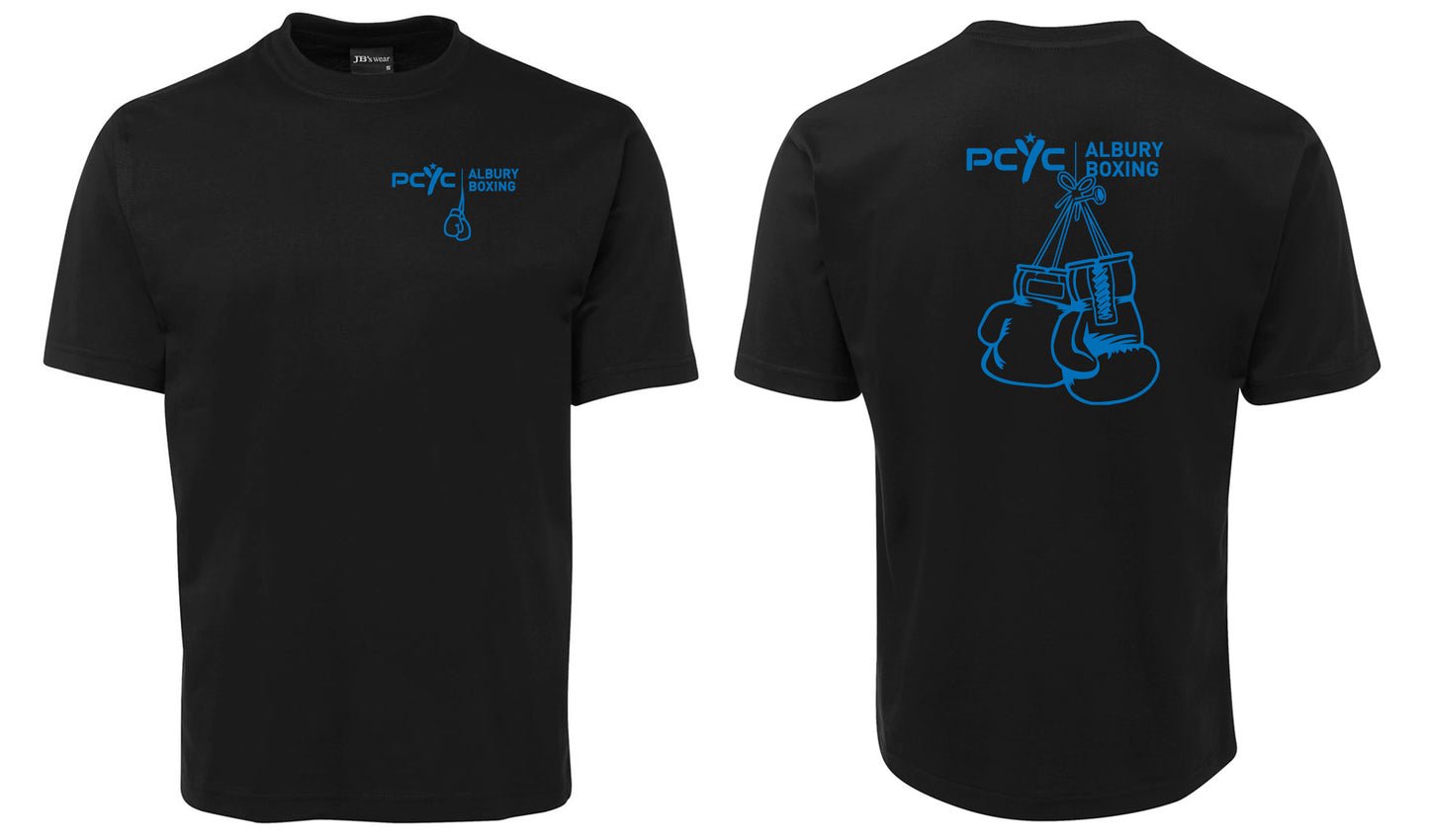 The Corsa Clothing PCYC Boxing Shirt is a black tee with a small blue "PCYC Albury Boxing" logo and glove outline on the front left, plus a large blue graphic of hanging gloves and matching text on the back.