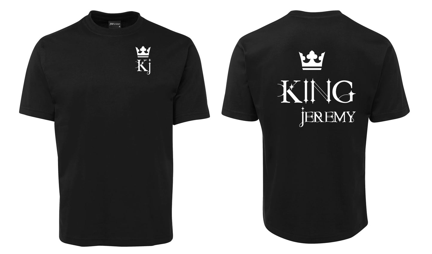 The King Jeremy Shirt by Corsa Clothing features a small white crown and "Kj" on the front left chest, with a large white crown and bold "KING JEREMY" in stylized font on the back.