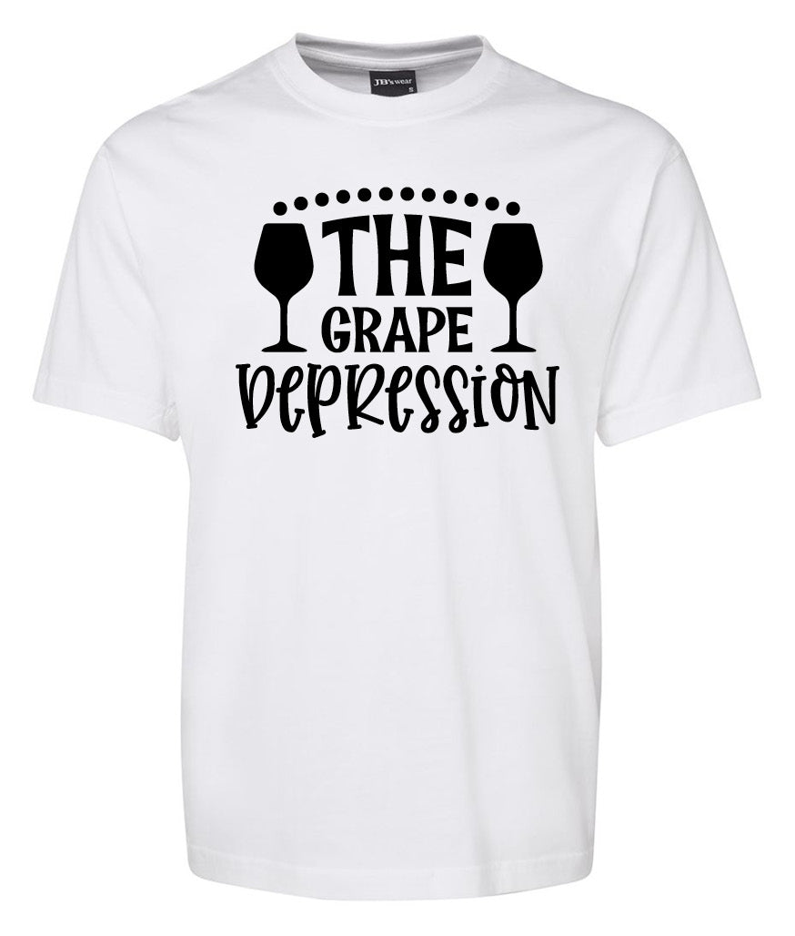 The Corsa Clothing THE GRAPE Depression Shirt is a white tee featuring black text "THE GRAPE DEPRESSION" with two wine glasses flanking the word "THE.