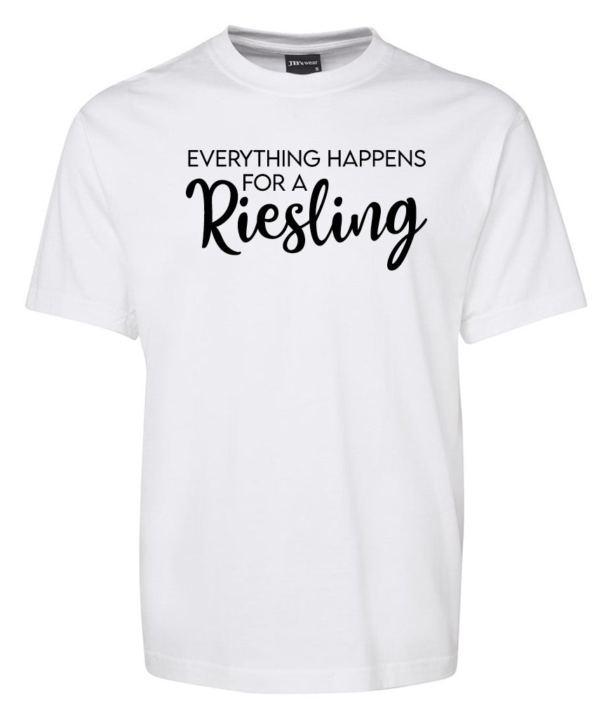 The Corsa Clothing EveryThing is Heppens for Riesling Shirt is a white tee featuring “Everything Happens for a Riesling” in black, with “Riesling” in large script font.