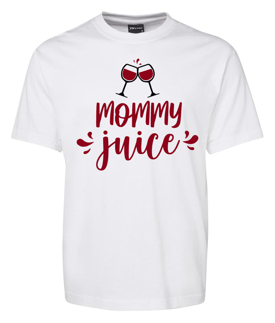 The Corsa Clothing Mommy juice Shirt is a white tee featuring two clinking wine glasses above “Mommy juice” in playful red script.