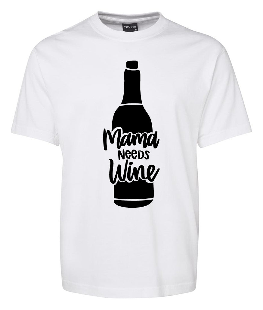 The Corsa Clothing Mama Needs Wine bottle shirt is a white t-shirt with a large black wine bottle graphic and bold "Mama Needs Wine" text in the center.