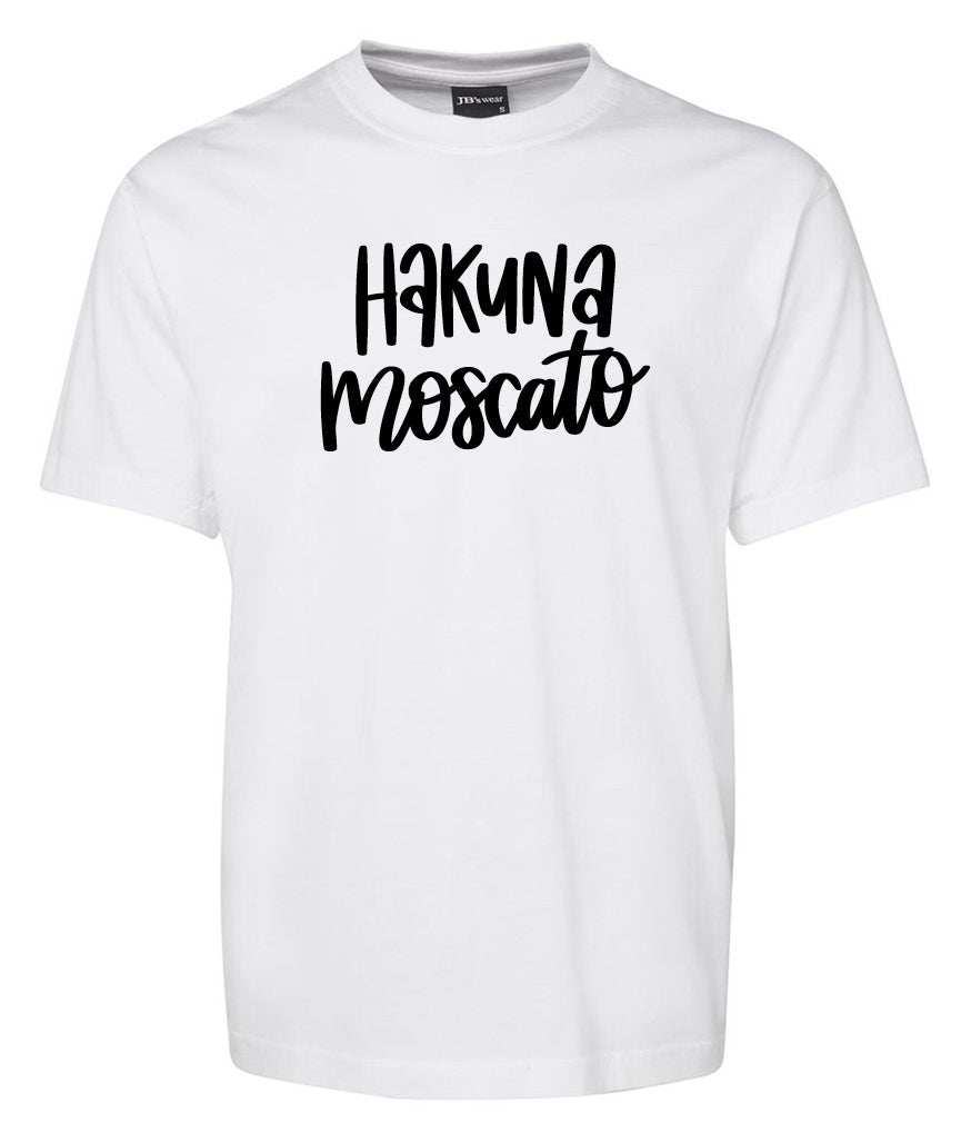 The Hakuna Moscato Shirt by Corsa Clothing features bold, playful black "HAKUNA moscato" lettering on the front of a classic white tee.