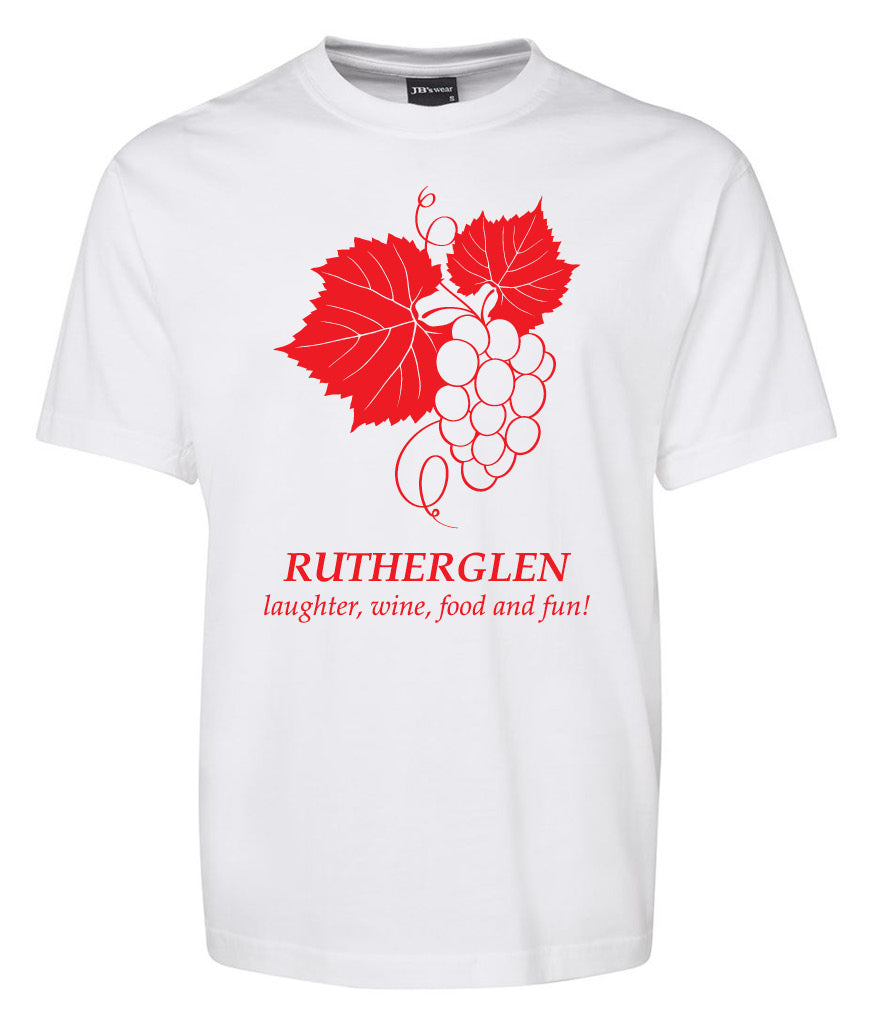 The Corsa Clothing Rutherglen Grapes Shirt is a white tee with a bold red grape leaves and bunch graphic, and “RUTHERGLEN laughter, wine, food and fun!” printed in red underneath.