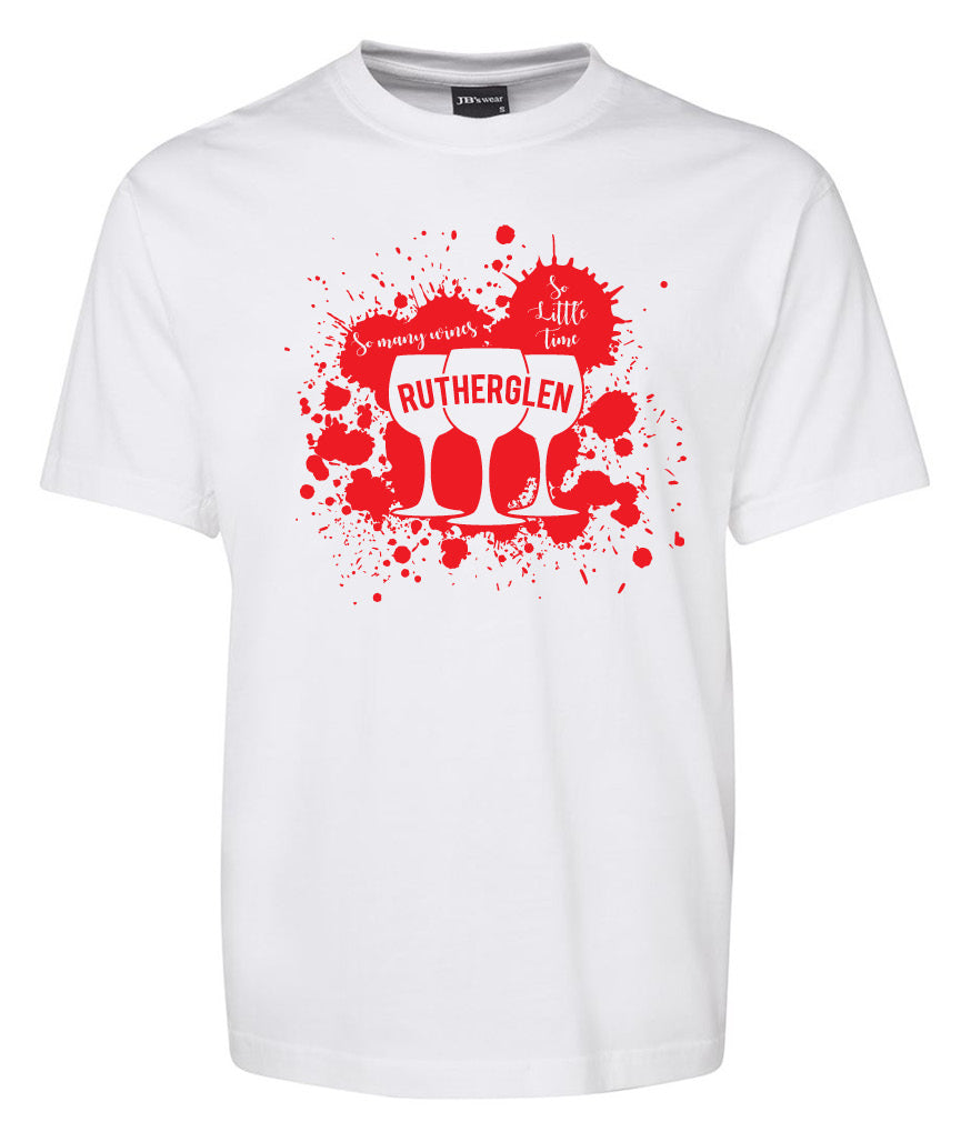 The Corsa Clothing Rutherglen 3 Glasses Shirt is a white tee with a red splatter design, featuring “So many events, so little time” and “Rutherglen” text above images of wine glasses.