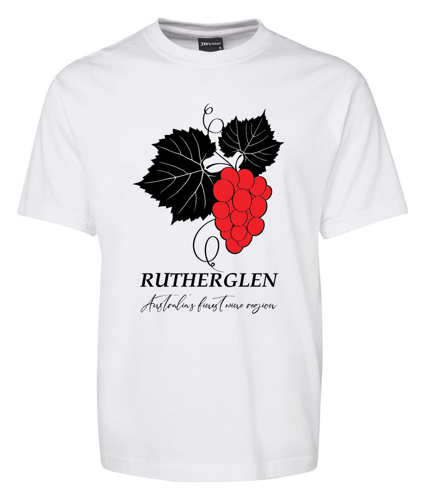The Rutherglen red and black grapes Shirt by Corsa Clothing is a white tee with black grape leaves, red grape clusters, and "Rutherglen" plus "Australia's finest wine region" printed in elegant fonts.