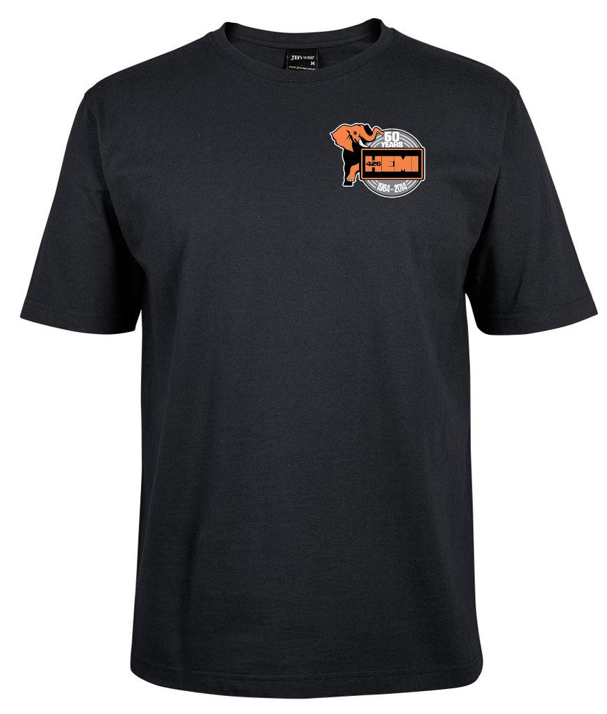 The Corsa Clothing 50 Years - 426 Hemi black T-shirt features a small, colorful 50th Anniversary logo with an orange engine graphic on the left chest; the shirt is otherwise plain.