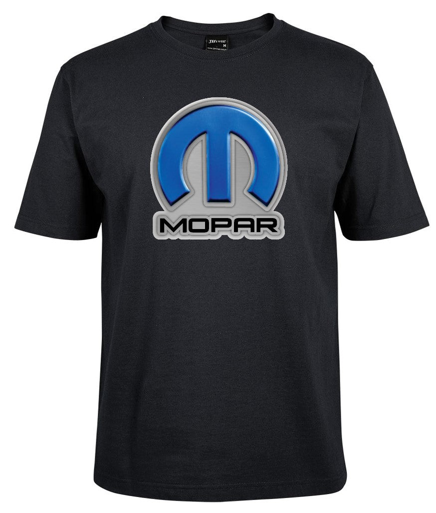 The Corsa Clothing 1 MOPAR Blue logo black t-shirt features a large blue and silver Mopar logo with "MOPAR" boldly printed below on the chest.