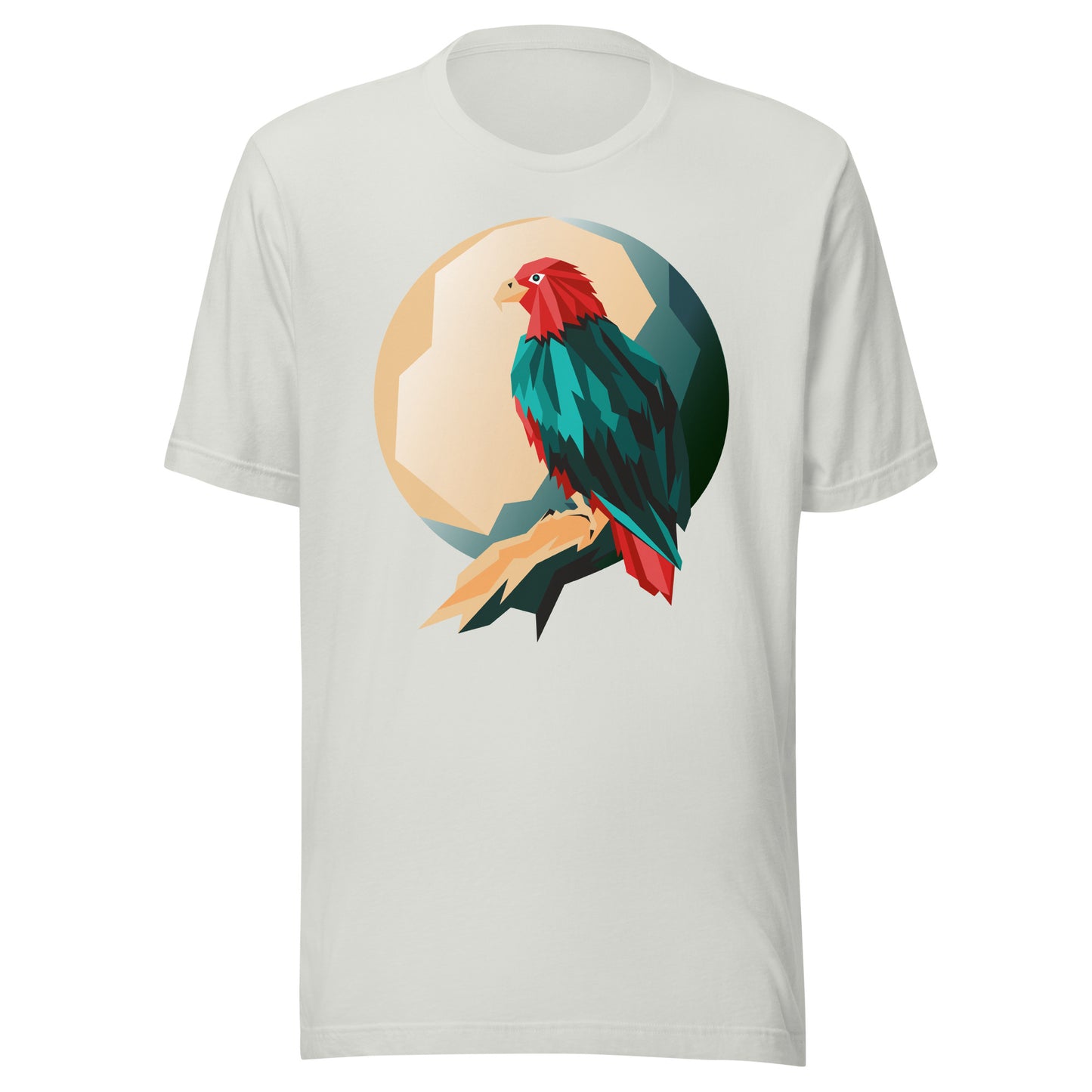 The Unisex t-shirt by Corsa Clothing is made from 100% white cotton and showcases a geometric, colorful bird design with red, green, and teal feathers on a branch before a circular background. Pre-shrunk for comfort and lasting fit.