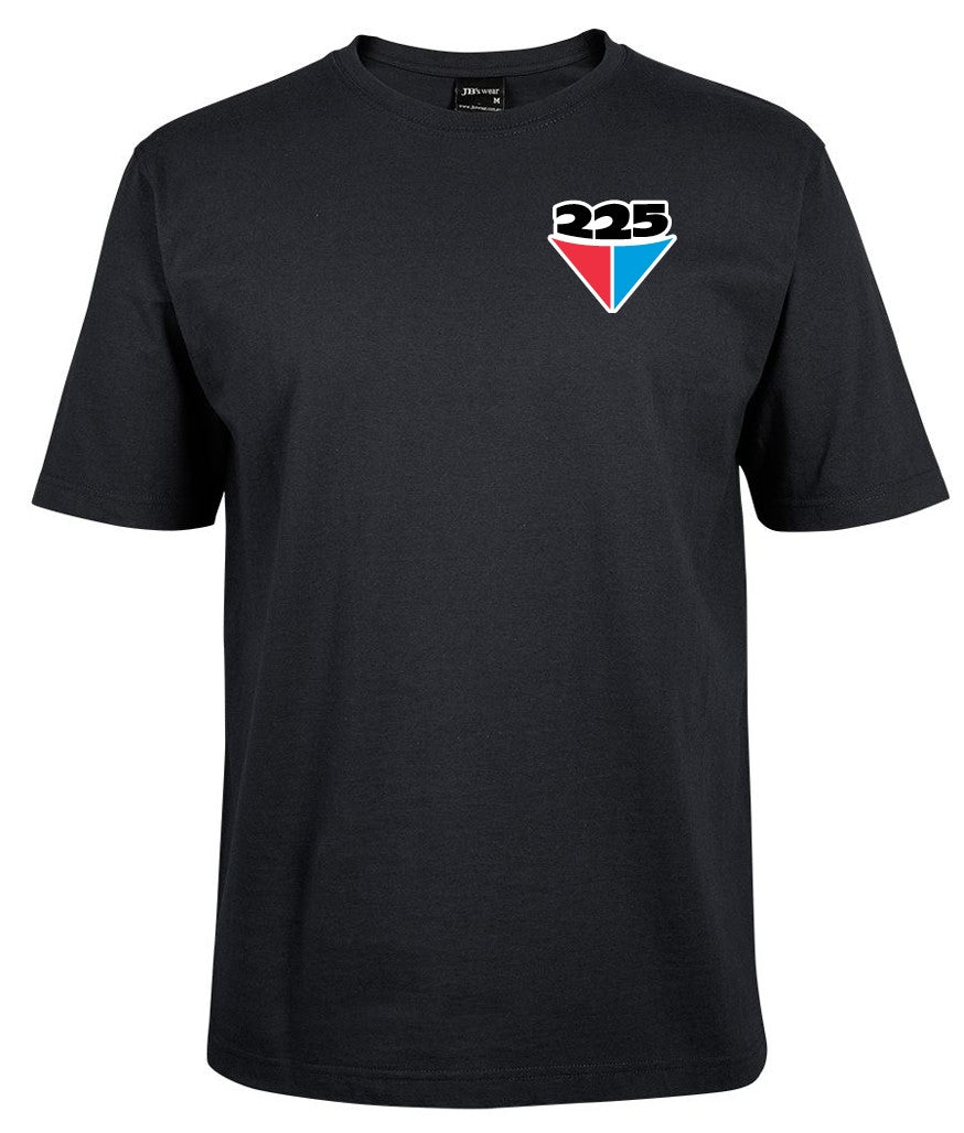 The Corsa Clothing 1 "225 pocket mens" is a black short-sleeve t-shirt featuring a small red, white, and blue upside-down triangle and 225 logo on the left chest pocket. The rest of the shirt is plain.