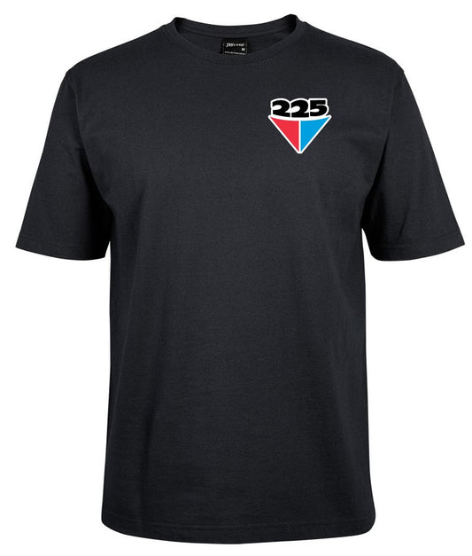 The Corsa Clothing 1 "225 pocket mens" is a black short-sleeve t-shirt featuring a small red, white, and blue upside-down triangle and 225 logo on the left chest pocket. The rest of the shirt is plain.