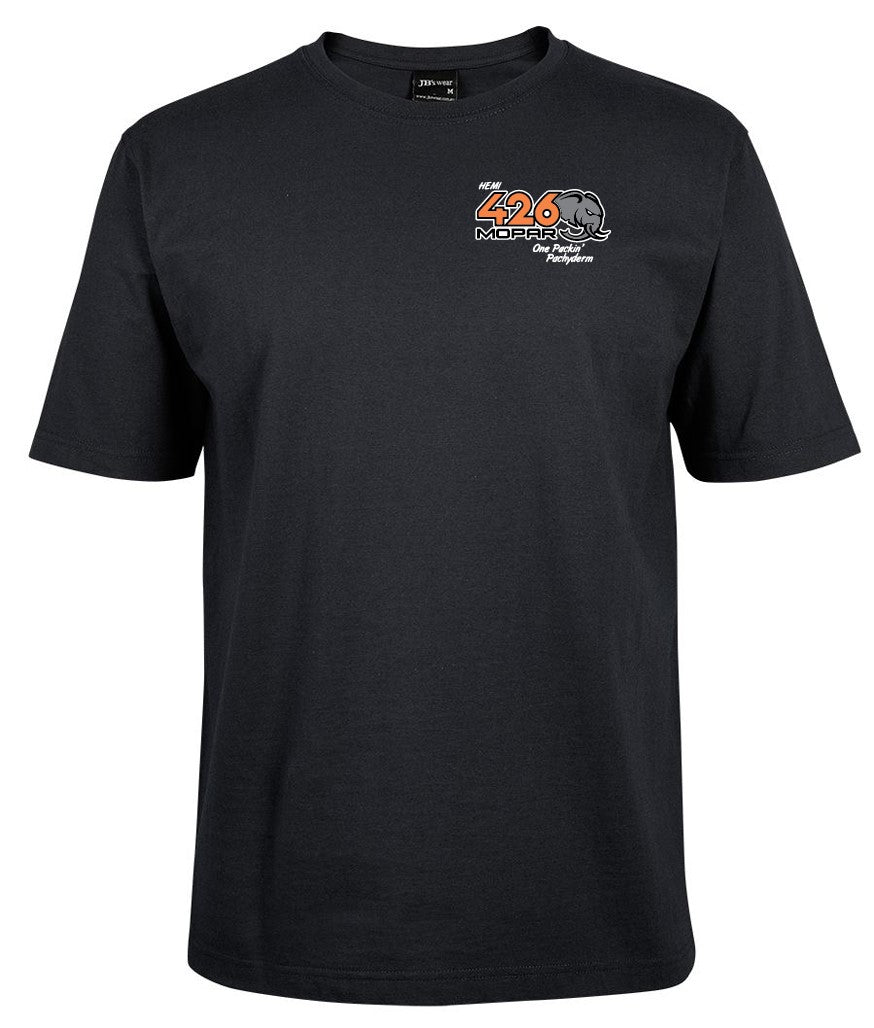 A plain black T-shirt from Corsa Clothing, called "426 Hemi pocket," with a small left chest logo featuring an illustration of a cow’s head and the text 426 Hemi.