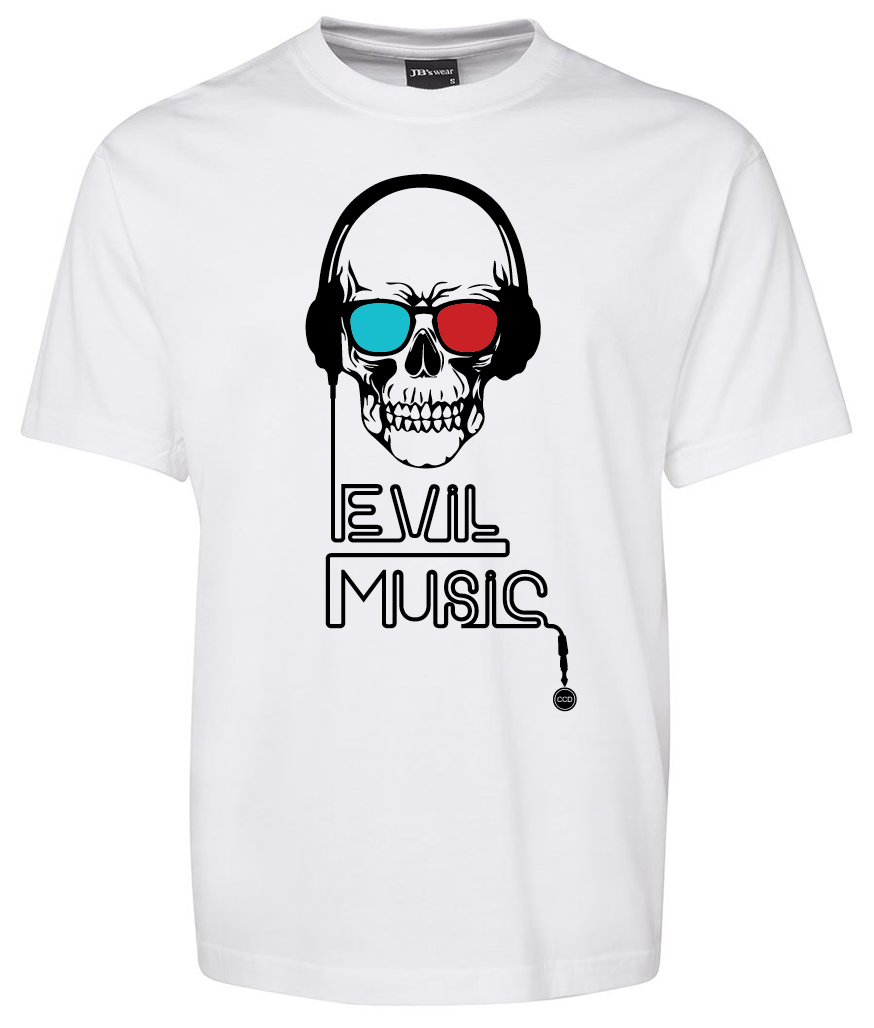 The Corsa Clothing Evil Music Shirt features a white tee with a skull graphic wearing 3D glasses and headphones above “EVIL MUSIC” in stylized text, plus a headphone cable extending from the lettering.