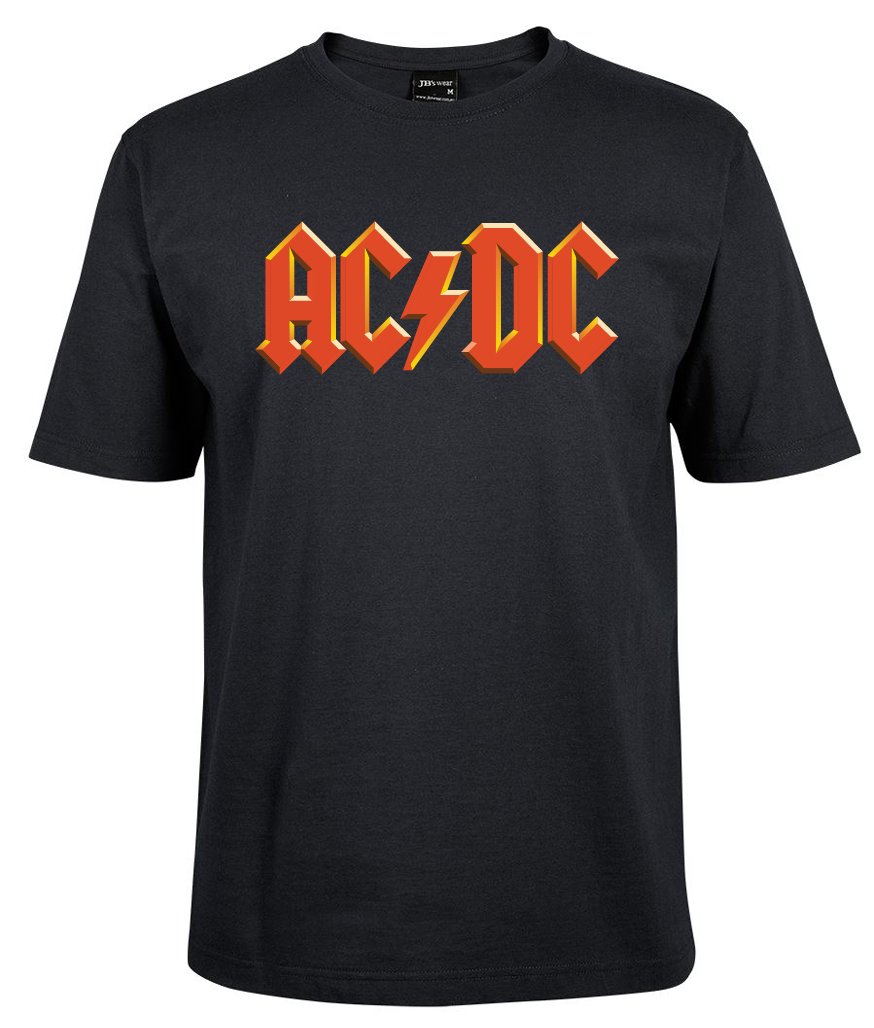 The AC / DC Shirt by Corsa Clothing is a black tee with the iconic yellow and red AC/DC band logo and a central lightning bolt on the chest.