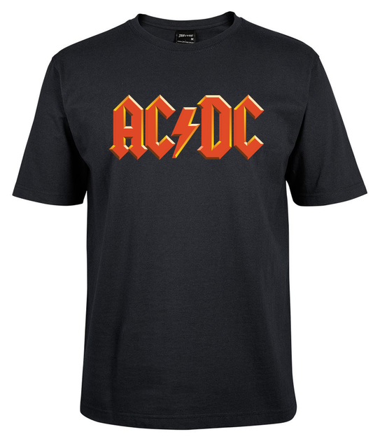 The AC / DC Shirt by Corsa Clothing is a black tee with the iconic yellow and red AC/DC band logo and a central lightning bolt on the chest.