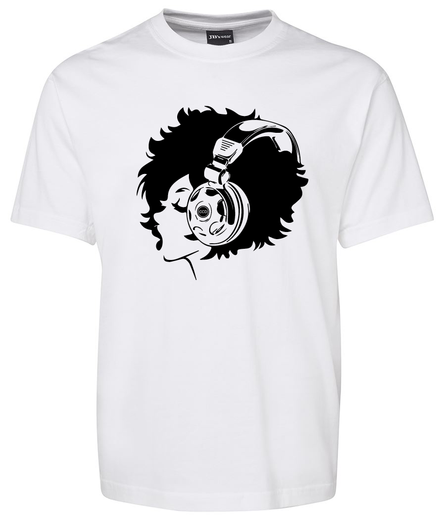 The Corsa Clothing Men's music shirt is a white tee with a black graphic of a person in profile, sporting an afro and large headphones, rendered in minimal detail.