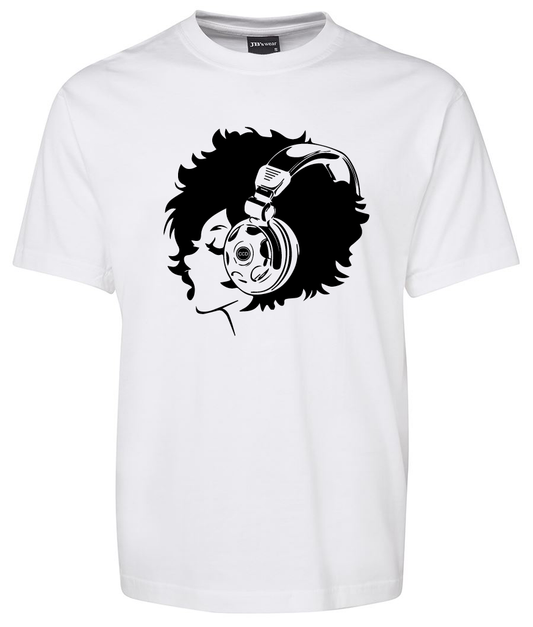 The Corsa Clothing Men's music shirt is a white tee with a black graphic of a person in profile, sporting an afro and large headphones, rendered in minimal detail.