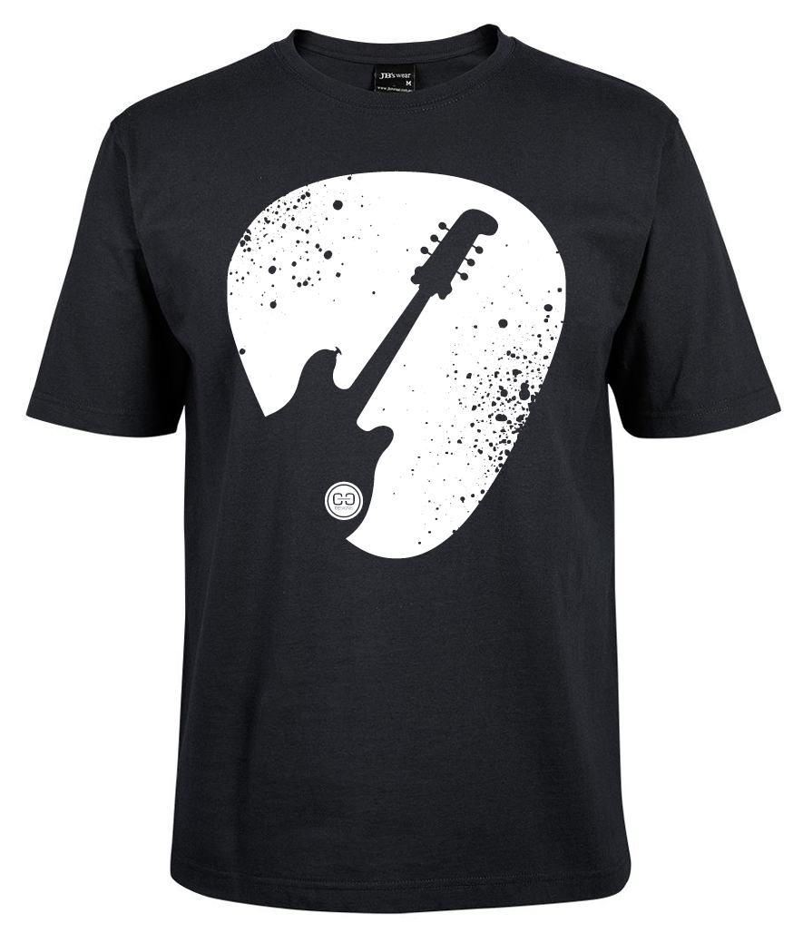 The Guitar Pick shirt by Corsa Clothing is a black tee with a white front graphic—a guitar silhouette over a large guitar pick, accented by scattered black paint splatters.