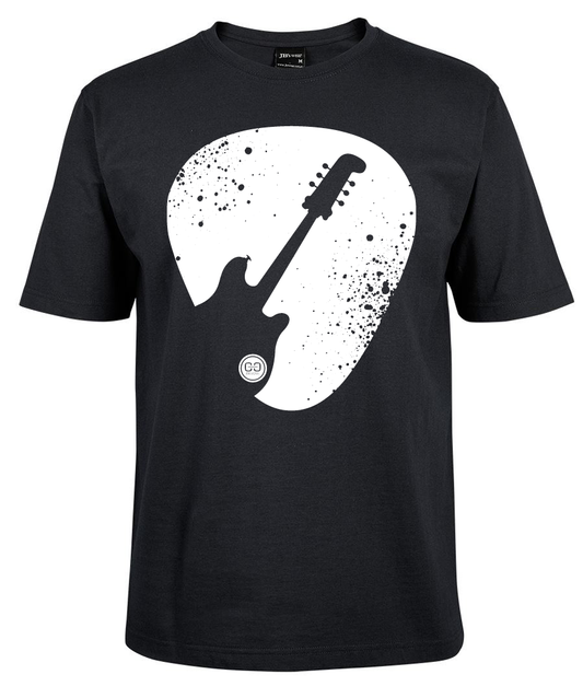 The Guitar Pick shirt by Corsa Clothing is a black tee with a white front graphic—a guitar silhouette over a large guitar pick, accented by scattered black paint splatters.