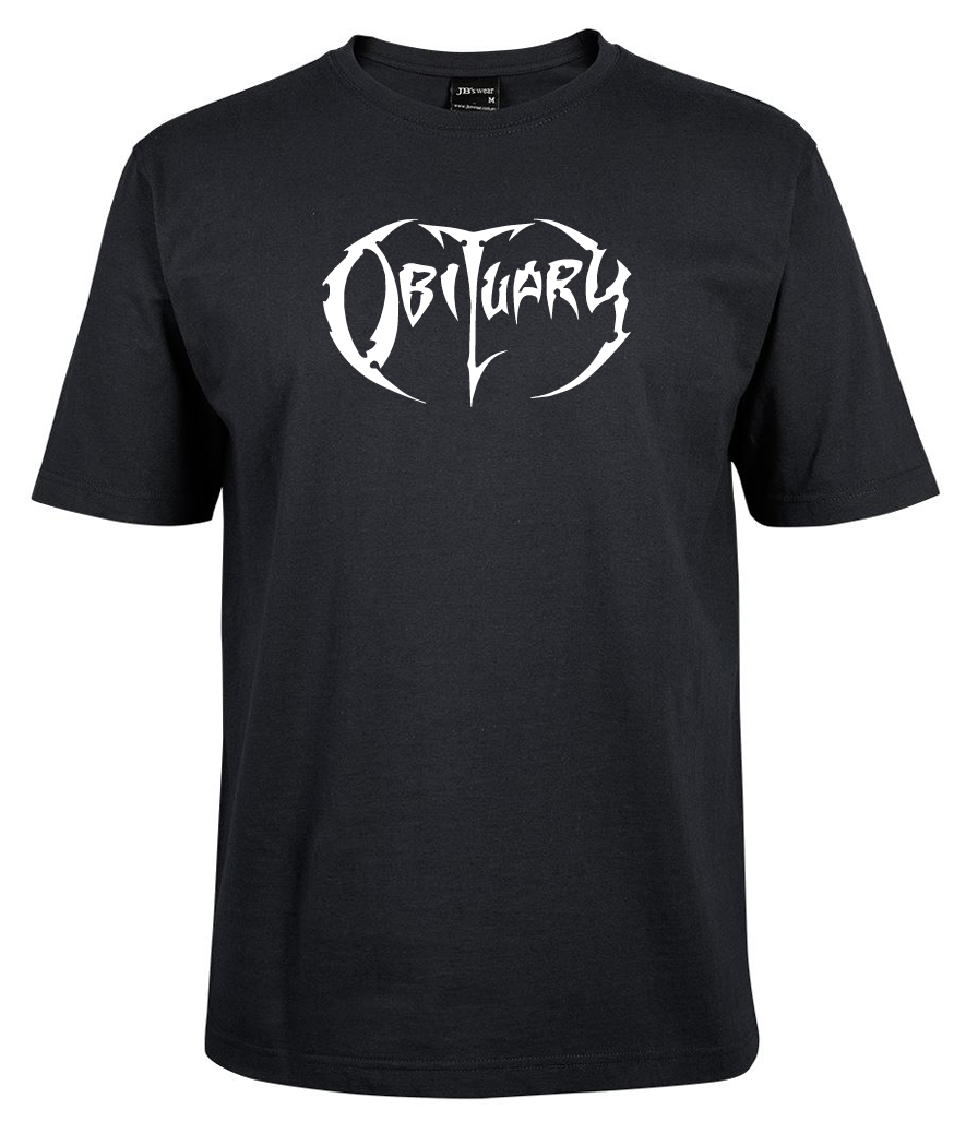 The Corsa Clothing Obituary Shirt White is a black T-shirt featuring "Obituary" in stylized white lettering across the chest.