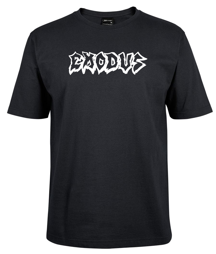 The Exodus shirts by Corsa Clothing feature bold, white, jagged "EXODUS" lettering across the chest on a black T-shirt.