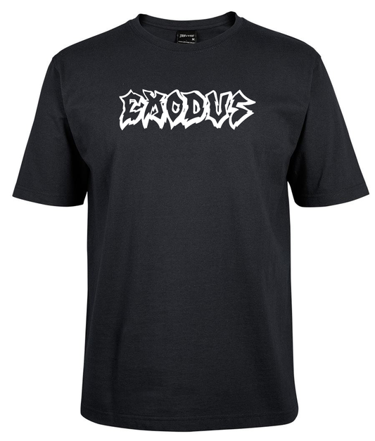 The Exodus shirts by Corsa Clothing feature bold, white, jagged "EXODUS" lettering across the chest on a black T-shirt.