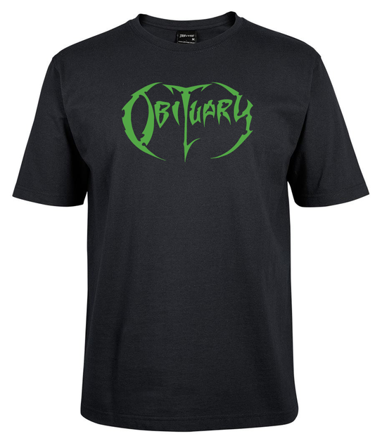 The Obituary Shirt green by Corsa Clothing is a black T-shirt featuring the word "Obituary" in a sharp, green stylized font across the chest.