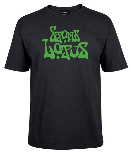 A black Stone Lotus shirt by Corsa Clothing featuring "Sports Locus" in large, green graffiti-style font on the chest.