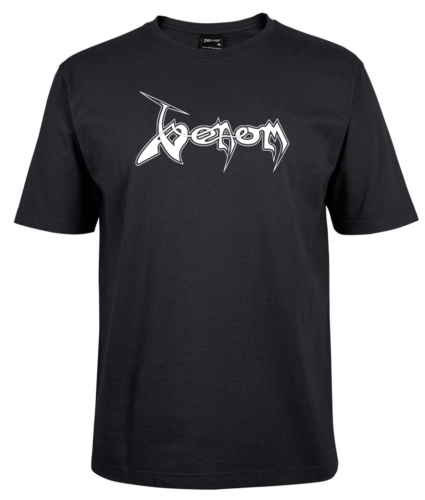 The vemom shirt by Corsa Clothing is a black T-shirt with "Venom" in a bold, jagged white and silver logo across the chest.