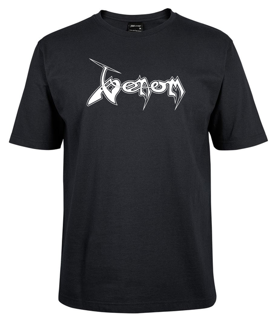 The vemom shirt by Corsa Clothing is a black T-shirt with "Venom" in a bold, jagged white and silver logo across the chest.