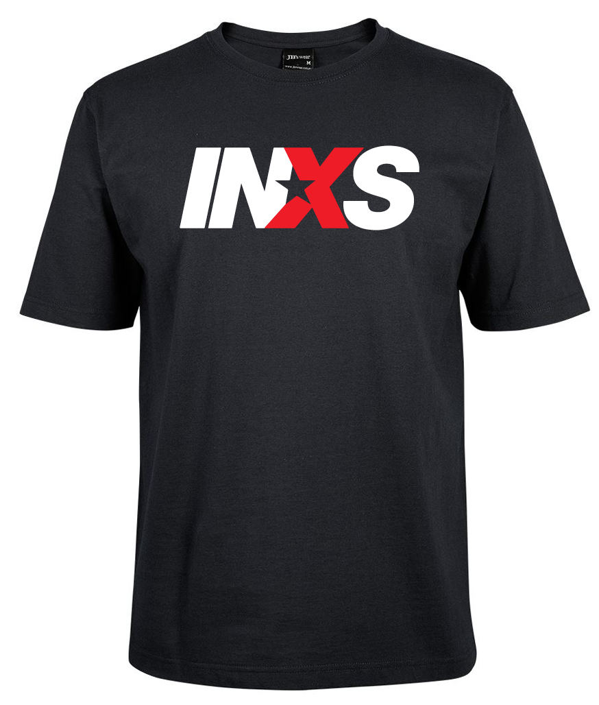 The Inxs Shirt by Corsa Clothing is a black T-shirt featuring "INXS" in bold white and red letters; the red "X" has a black star in its center.