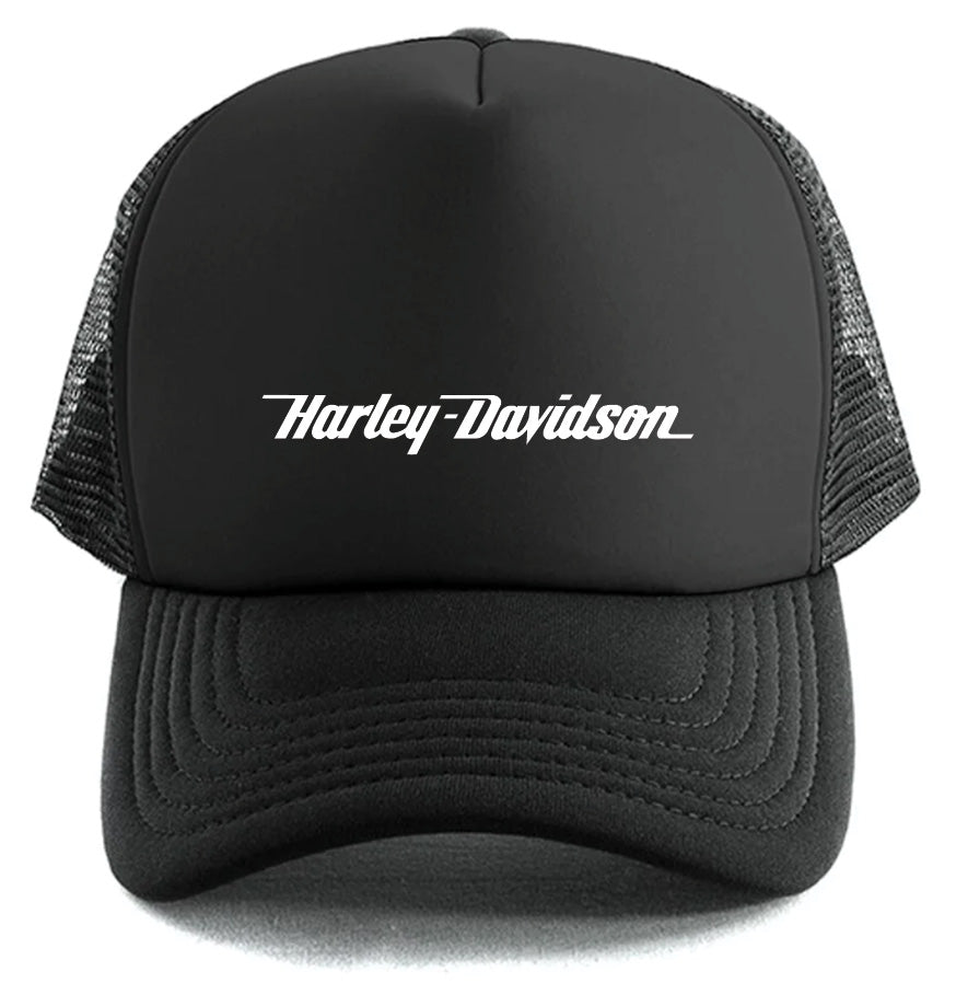 The Harley-Davidson Simple Hat by Corsa Clothing is a black mesh trucker cap featuring "Harley-Davidson" in white cursive on the front panel.