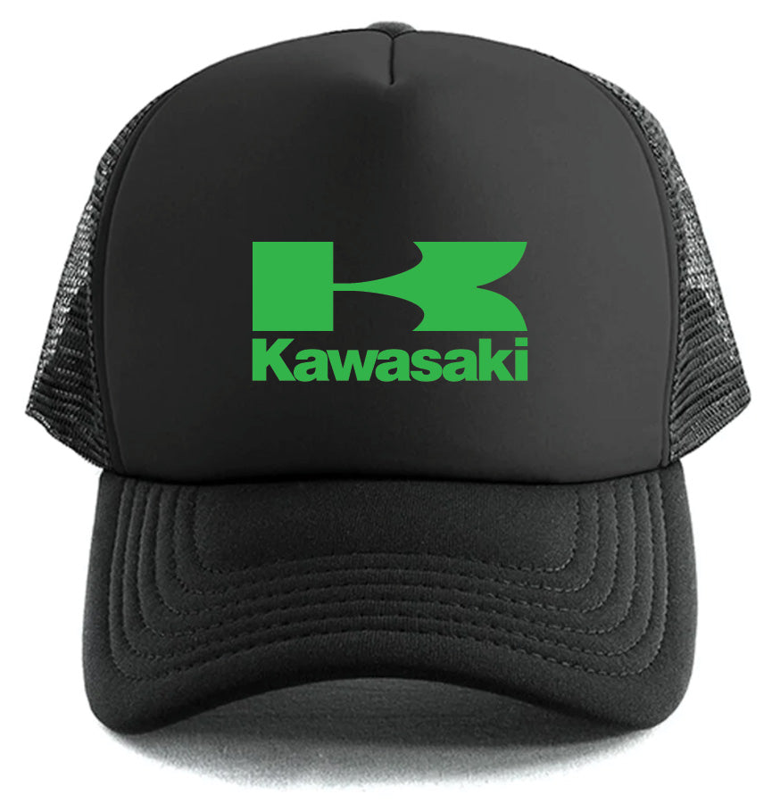 The Kawasaki Hat by Corsa Clothing is a black mesh trucker cap with the green Kawasaki logo and text on the front panel.