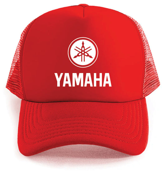 The Yamaha Hat by Corsa Clothing is a red mesh trucker cap with the Yamaha logo and "YAMAHA" in bold white letters on the front panel.
