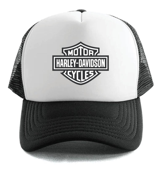 The Harley-Davidson Bar & Shield Hat White by Corsa Clothing is a black and white trucker hat with a mesh back, featuring the Harley-Davidson Motor Cycles logo on the front.