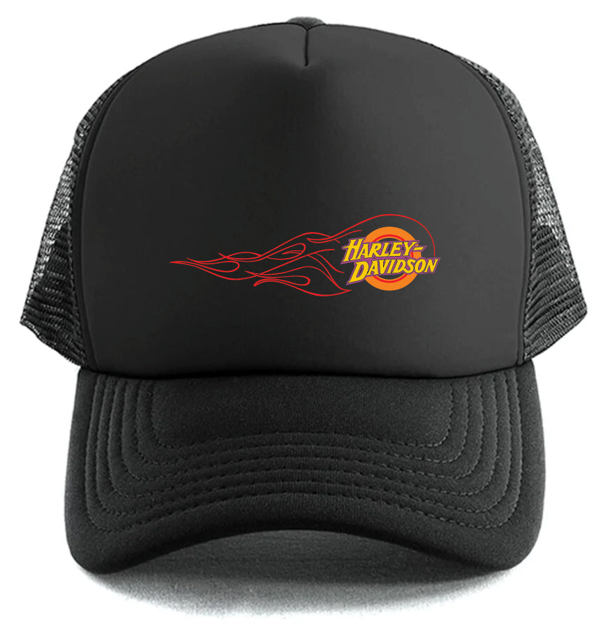 The Corsa Clothing Harley-Davidson Flame Logo Hat is a black trucker hat with a mesh back, featuring a red and yellow flame logo on the front.