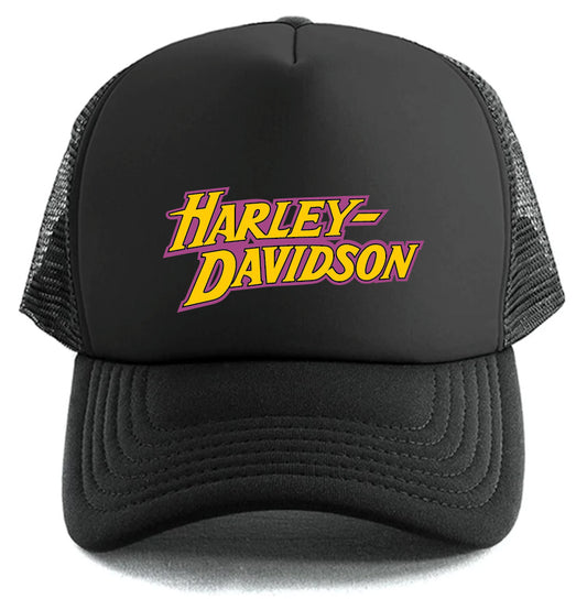 The Corsa Clothing Harley-Davidson Simple Brand Hat is a black mesh trucker cap featuring "Harley-Davidson" in yellow text with a purple outline on the front, styled like the Los Angeles Lakers logo.