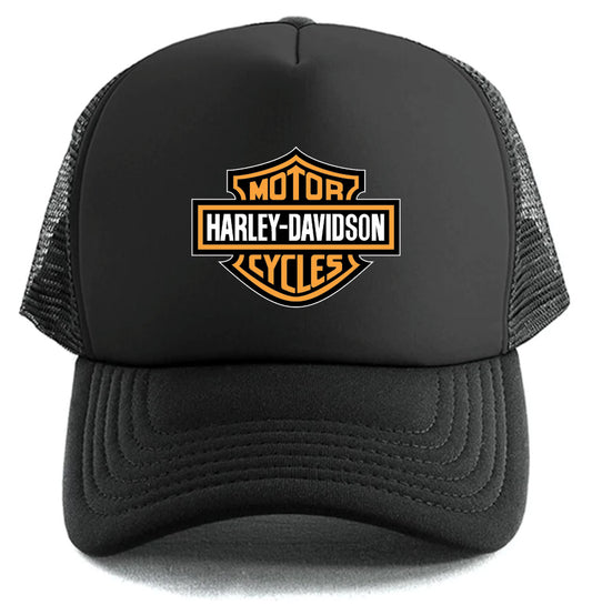 The Corsa Clothing Harley-Davidson Bar & Shield Hat Orange is a black mesh trucker hat with the orange and white Harley-Davidson Motor Cycles logo on the front panel.
