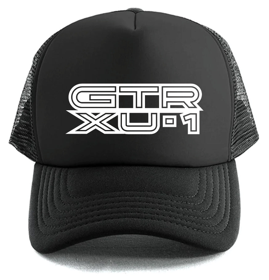Corsa Clothing GTR XU-1 Hat: a black mesh trucker hat featuring bold white "GTR XU-1" text in a modern font on the front.